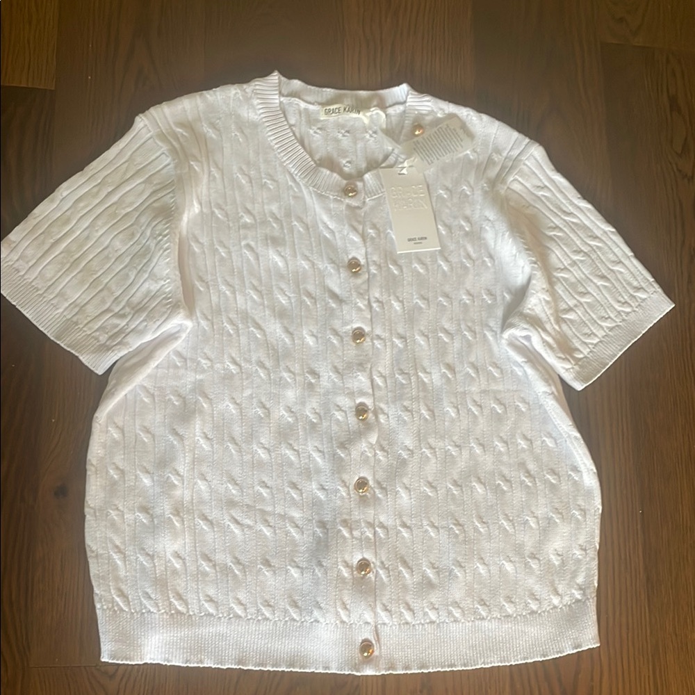 Grace Karin White Short Sleeve Cardigan gold buttons